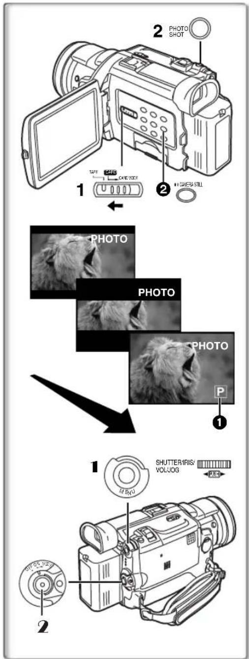 2 PHOTO SHOT 1 TAFF COLD CARD VOCE 2 CAMERA STILL PHOTO PHOTO PHOTO P 1 1 M ENU SHUTTER/IRIS/ VOL/JOG 2