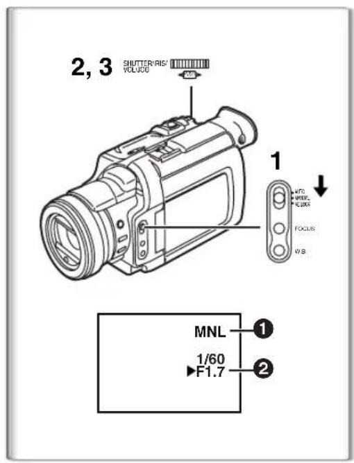 2, 3 SHUTTER/RIS VOLUC6 MNL 1/60 F1.7 MNL FOCUS W.B WTO WPRO WLOCK