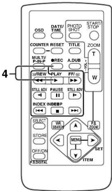 4 OSD DATE/ TIME PHOTO SHOT START/ STOP COUNTER RESET TITLE ZOOM MULTI/ P-IN-P ●REC A.DUB +VOL- W REW PLAY FF/ (E) STILL ADV PAUSE STILL ADV INDEX INBEOP SELECT WAR. SEARCH P.B. ZOOM STORE MENU SET OFF/ON ITEM P.B.DIGITAL