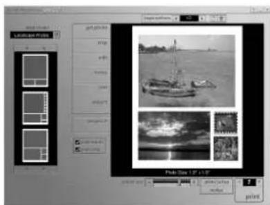 Screenshot of a photo editing software interface showing a grid of image thumbnails and a preview window with a grayscale photo of a boat on water.