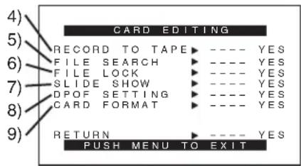 CARD EDITING RECORD TO TAPE ---- YES FILE SEARCH ---- YES FILE LOCK ---- YES SLIDE SHOW ---- YES DPOF SETTING ---- YES CARD FORMAT ---- YES RETURN ---- YES PUSH MENU TO EXIT