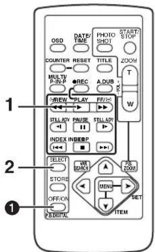 1 2 3 OSD DATE/ TIME PHOTO SHOT START/ STOP COUNTER RESET TITLE ZOOM MULTIV P-IN-P ●REC A.DUB T W VIEW PLAY FF/0 W STILL ADV PAUSE STILL ADV INDEX INBEOP ■ SELECT M# SEARCH 28 ZOOM STORE MENU SET OFF/ON ITEM PEDRITAL