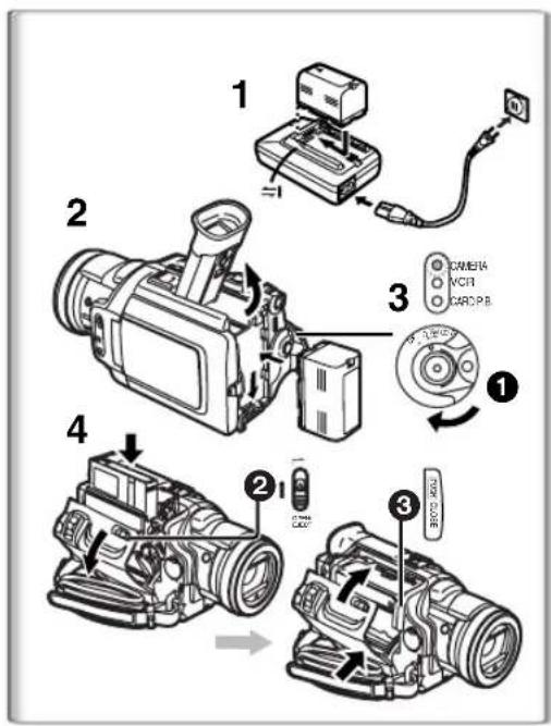 Technical diagram showing exploded view of a camera assembly with labeled components and control buttons