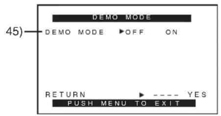 45) DEMO MODE DEMO MODE ▶OFF ON RETURN ▶ ---- YES PUSH MENU TO EXIT