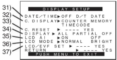 31) DISPLAY SETUP 32) DATE/TIME OFF D/T DATE 33) C. DISPLAY COUNTER MEMORY TIMECODE 34) C. RESET ---- YES 35) DISPLAY ALL PARTIAL OFF LCD AI ON OFF LCD MODE NORMAL BRIGHT 36) LCD/EVF SET ---- YES RETURN ---- YES 37) PUSH MENU TO EXIT