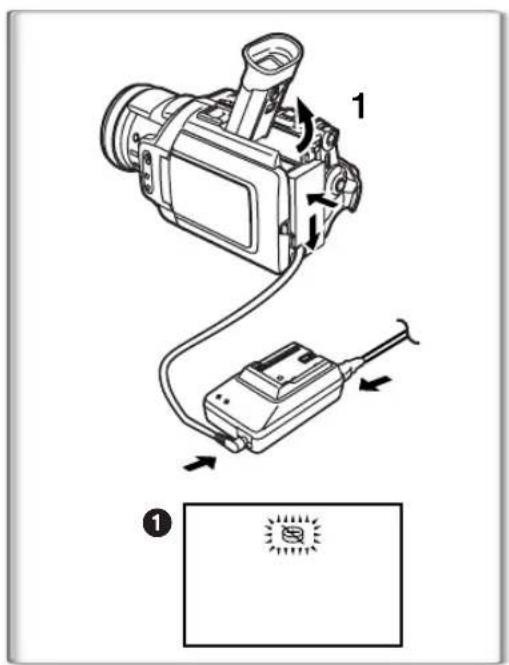Diagram showing a digital camera connected to a handheld device, with labeled parts and a magnified view of the device's internal structure.