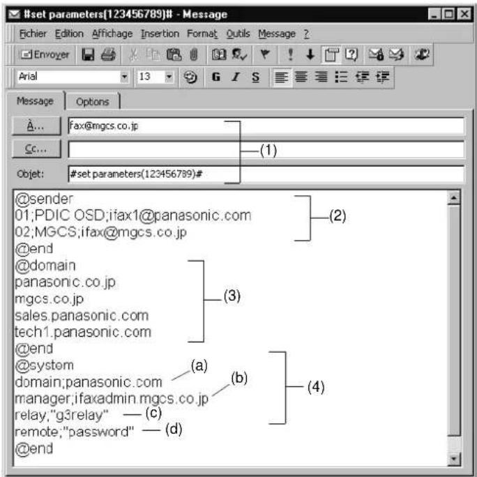 PANASONIC Panafax DX2000 - set parameters(mot de passer)#: où le mot de passer est le mot de passer de commande à distance qui se trouve dans les paramétres utiliser du DX-2000. Pour des raisons de sécurité, toujours saisir un mot de passer de commande à distance dans les paramétres utilisé. [Si cette programmation n'a pas déjà été faite, en assigner un maintainant en le tapant entre les parenthèses de la ligne de commande « #set parameters()# »]. - 1