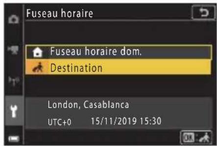 NIKON Coolpix A1000 - Sélectionnez Fuseau horaire dom. ou Destination et appuyez sur OK. - 1