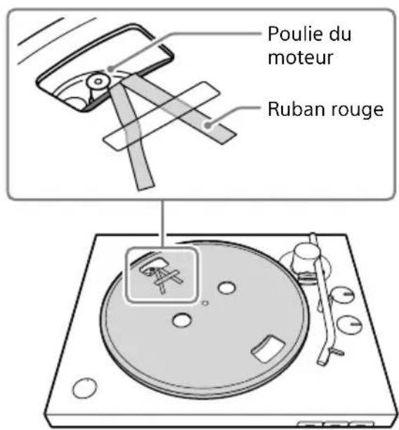 SONY PSLX310BT - Orientez le plateau de telle manière que la poulie du moteur soit visible à travers l'orifice rectangulaire avec les extrémités du ruban rouge collées au plateau. - 1