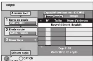 Copie Annuler tout 1 Sans de copie DVD - 800 2 Mode copie MMoE - Rapie 3 Créer liste Debuter copie Capacité destinat: 433MB N° Tailte Nom d'élément Nouvel élément (Totals=0) Page 9161 Créter liste de copie. OPTION