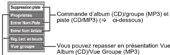 Suppression piste Propriétés Entrer Nom Piste Entrer Nom Artiste Rég. Lect. en boucle Vue groupe Commande d'album (CD)/groupe (MP3) et piste (CD/MP3) (⇒ ci-dessous) Vous pouvez repasser en présentation Vue Album (CD)/Vue Groupe (MP3)