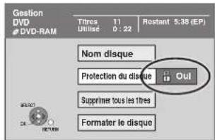 Gestion DVD DVD-RAM Titres 11 Utilise 0 : 22 Restant 5:38 (EP) Nom disque Protection du disque Supprimer tous les 1fres Formater le disque Out