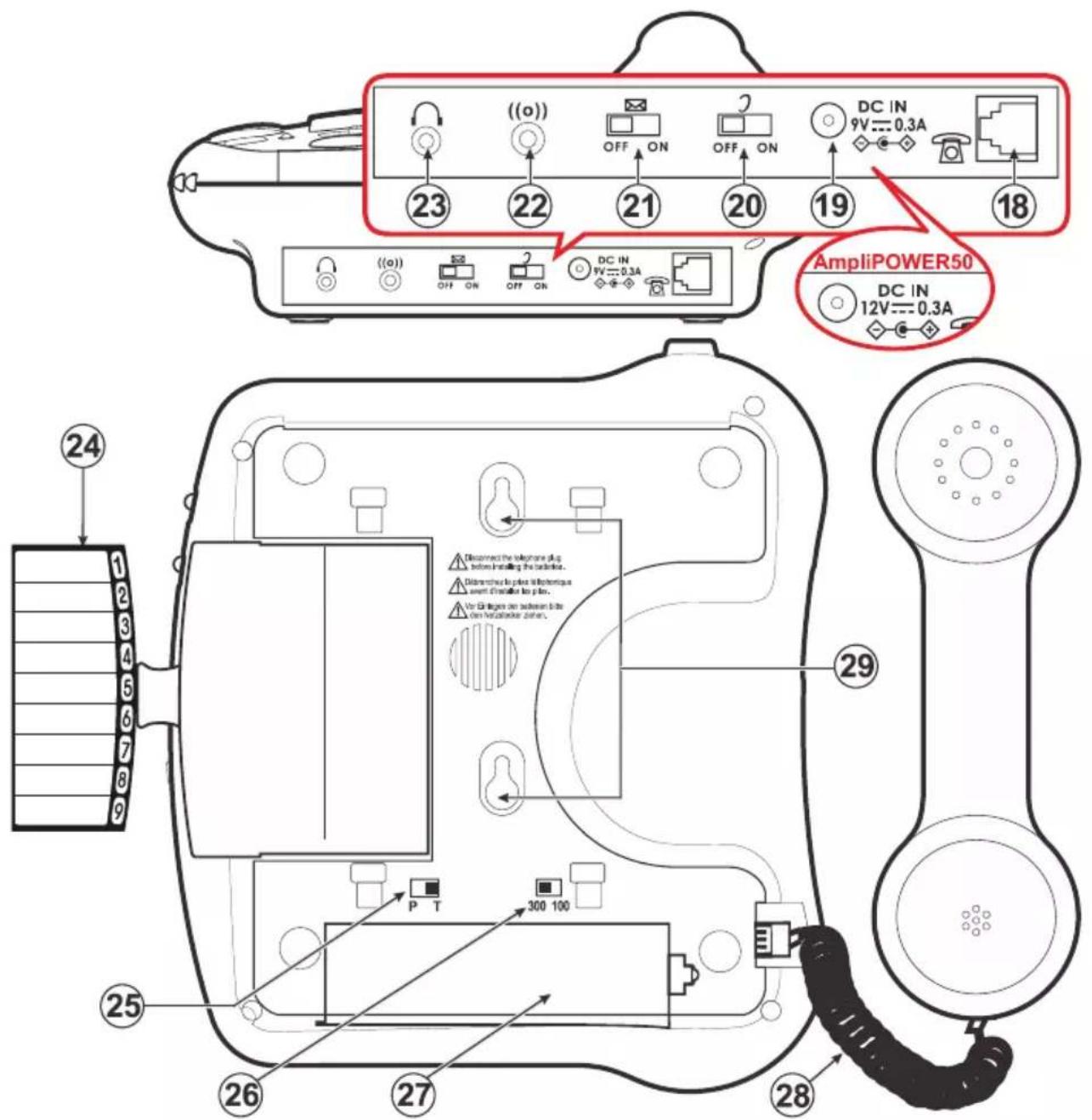 (o) OFF ON DC IN 9V 0.3A 23 22 21 20 19 18 ((o)) OFF ON DC IN 9V 0.3A AmpliPOWER50 DC IN 12V 0.3A 24 1 2 3 4 5 6 7 8 9 25 26 27 28 300 100