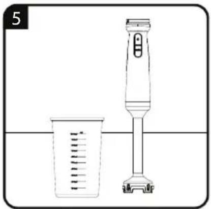 Illustration of a hand mixer with a beaker and measuring cup (no text or symbols)