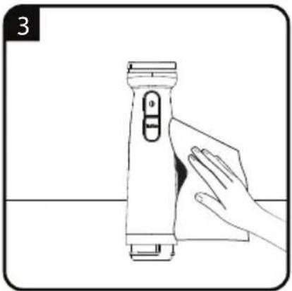 Line drawing of a hand cleaning a device with a cloth (no text or symbols)