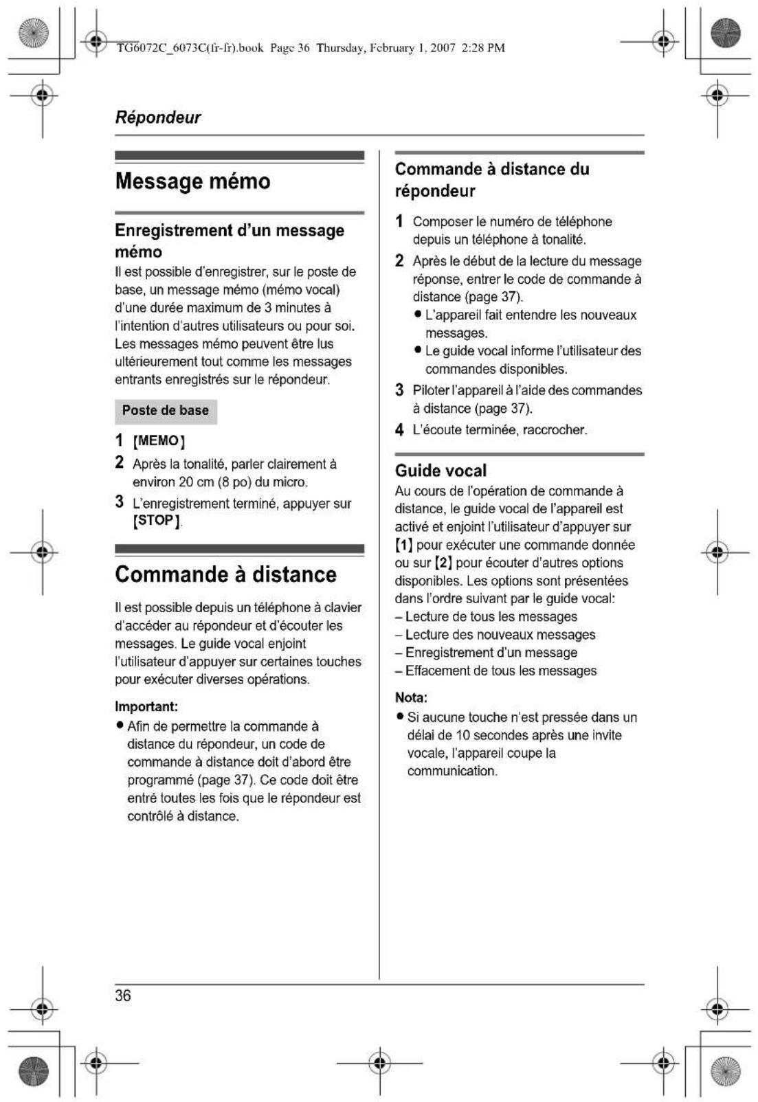 PANASONIC KXTG6072 - Fonctionnement du répondeur - 1
