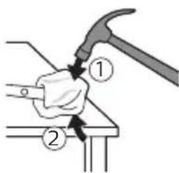 Diagram showing a hand using a hammer to press or install a component, labeled with parts 1 and 2.