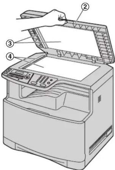PANASONIC KXMC6020SL - Tenez le cache documents (②) pendant que vous nettoyez les plaques blanches (③) et les vitres de scanner (④). - 1