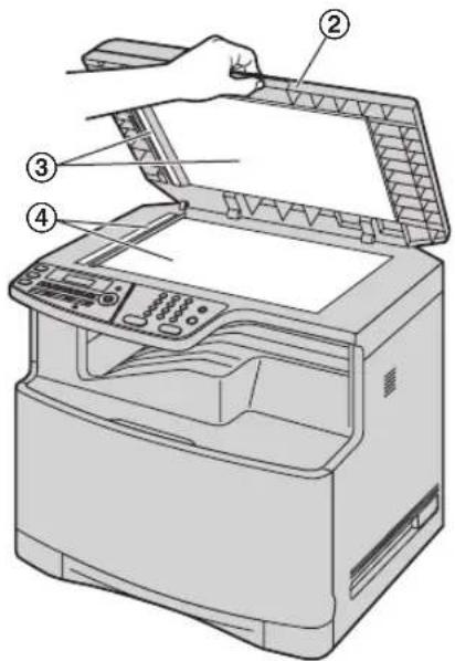 PANASONIC KXMC6020FR - Tenez le cache documents (②) pendant que vous nettoyez les plaques blanches (③) et les vitres de scanner (④). - 1