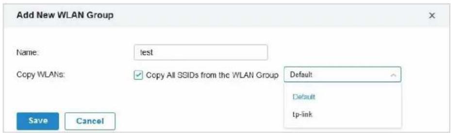 TP-LINK Omada EAP225Outdoor - (Facultatif) Si vous souhaitez créer un nouveau groupe WLAN basé sur un groupe existant, Copy All SSIDs from the WLAN Group et sélectionnez le groupe WLAN souhaité. Ensuite, vous pouvez configurer davantage les réseaux sans fil en fonction des paramètres actuels. - 1