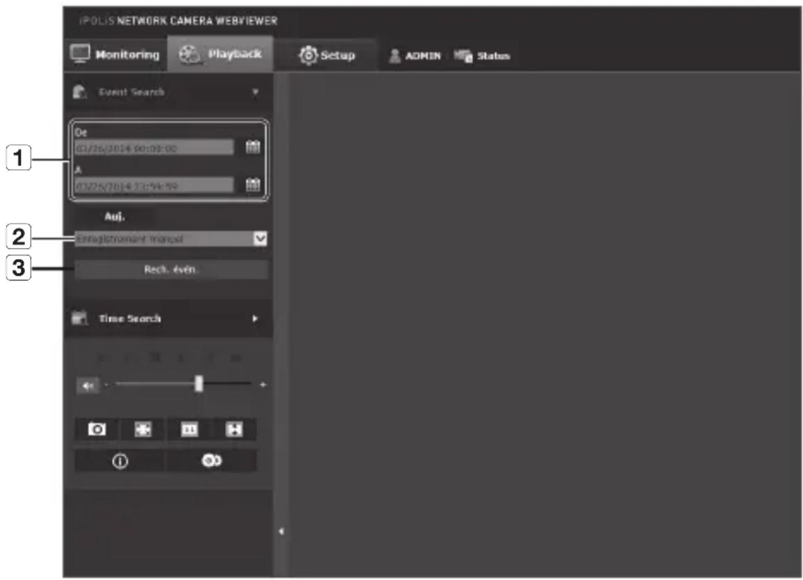 Hanwha SNP6230RH - Nom et fonctions de l'écran de recherche d'evénements - 1