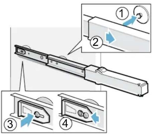 Technical diagram showing four-step assembly of a mechanical device with labeled parts and directional arrows indicating motion or movement.