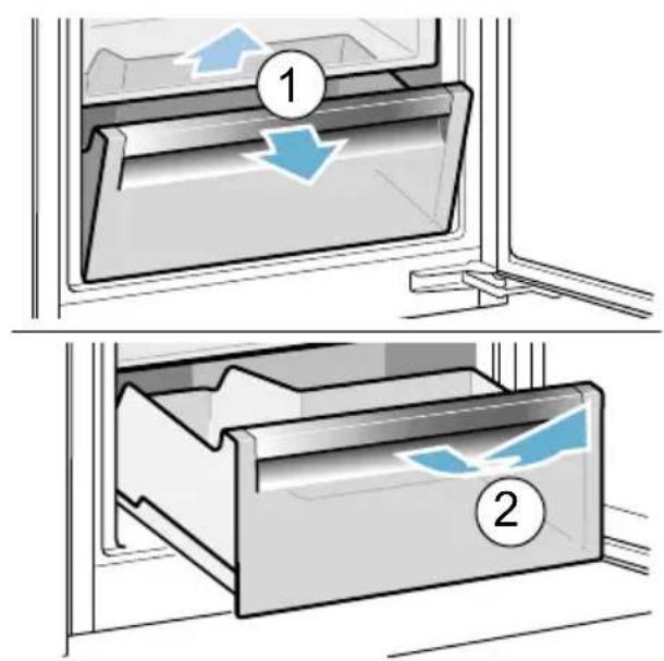 Diagram showing two steps of a refrigerator interior with airflow arrows indicating movement, labeled 1 and 2.