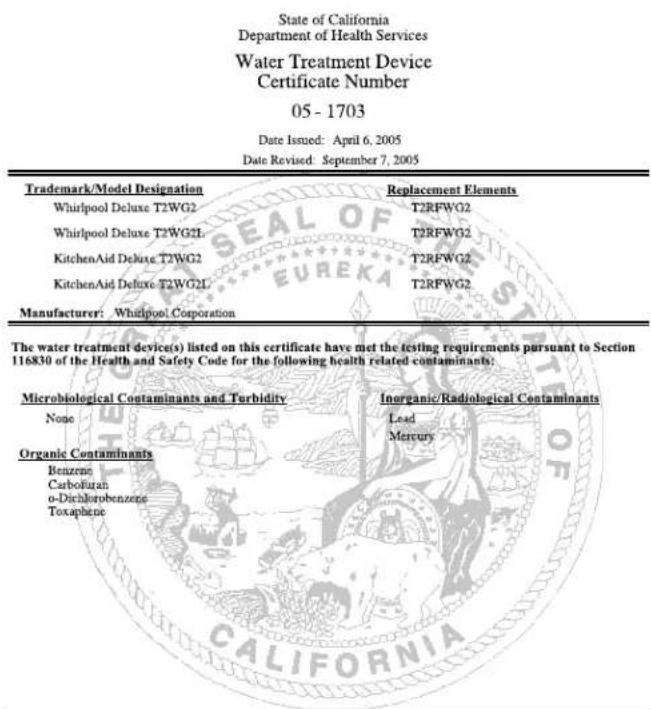 THERMADOR T48BD820NS - WATER FILTER CERTIFICATIONS - 1