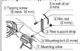 ④ Tapping screw (5 mmø- 16 mm) Fire wall of car 3 mmø ② Hex. nut (5 mmø) ③ Rear support strap ⑤ Mounting bolt (5 mmø) ① Mounting collar