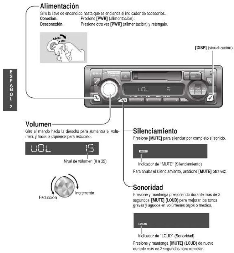 Alimentación Gire la llave de encendido hasta que se encienda el indicador de accesorios. Conexión: Presione [PWR] (alimentación). Desconexión: Presione otra vez [PWR] (alimentación) y reténgalo. [DISP] (visualización) Volumen Gire el mando hacia la derecha para aumentar el volumen, y hacia la izquierda para reducirlo. Silenciamiento Presione [MUTE] para silenciar por completo el sonido. Nivel de volumen (0 a 39) Indicador de "MUTE" (Silenciamiento) Para anular el silenciamiento, presione [MUTE] otra vez. Reducción Incremento Sonoridad Presione y mantenga presionamiento durante más de 2 segundos [MUTE] (LOUD) para mejorar los tonos graves y agudos en volumenes bajos o medios. LOUD Indicador de "LOUD" (Sonoridad) Presione y mantenga [MUTE] (LOUD) de nuevo durante más de 2 segundos para cancelar.
