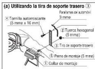 (a) Utilizando la tira de soporte trasero ③ ④ Tornillo autoroscante (5 mm x 16 mm) Paranas cei automóvil 3 mm ② Tuerca hexagonal (5 mm) ③: Tira de soporte trasero ⑤ Perro de montaje (5 mm) ① Collar de montaje