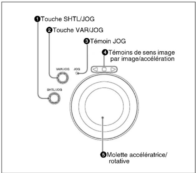 ①Touche SHTL/JOG ②Touche VAR/JOG ③Témoin JOG ④Témoins de sens image par image/accelération VAR/JOG JOG SHTL/JOG ⑤Molette accélératrice/ rotative