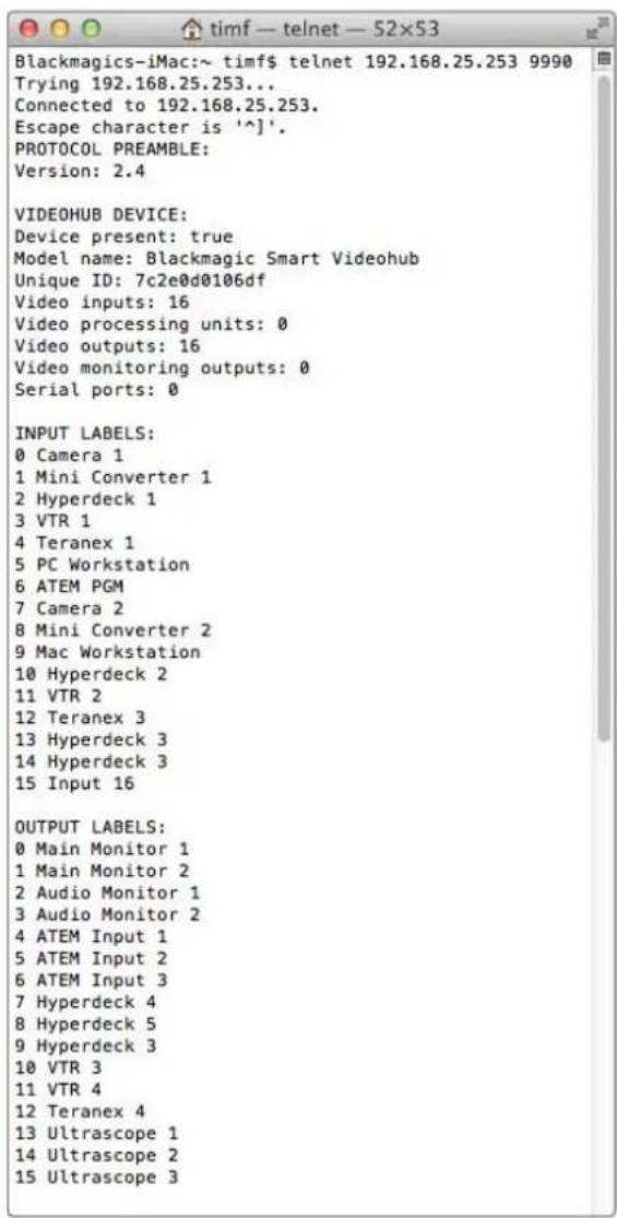 Blackmagic Design Universal Videohub 72 - Saving and Loading Labels with Telnet in Mac OS - 1