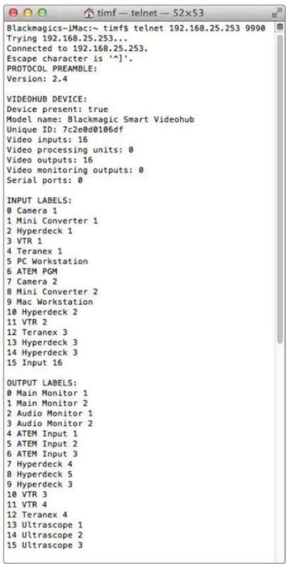 Blackmagic Design Universal Videohub 72 - Saving and Loading Labels with Telnet in Mac OS - 1