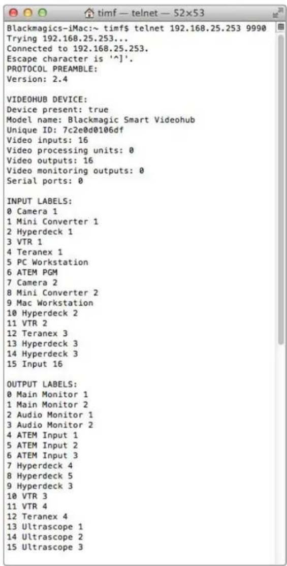 Blackmagic Design Universal Videohub 72 - Saving and Loading Labels with Telnet in Mac OS - 1