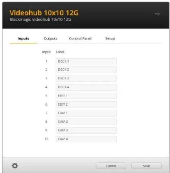 Blackmagic Design Universal Videohub 72 - Personnaliser les libellés des entrées et sorties - 1