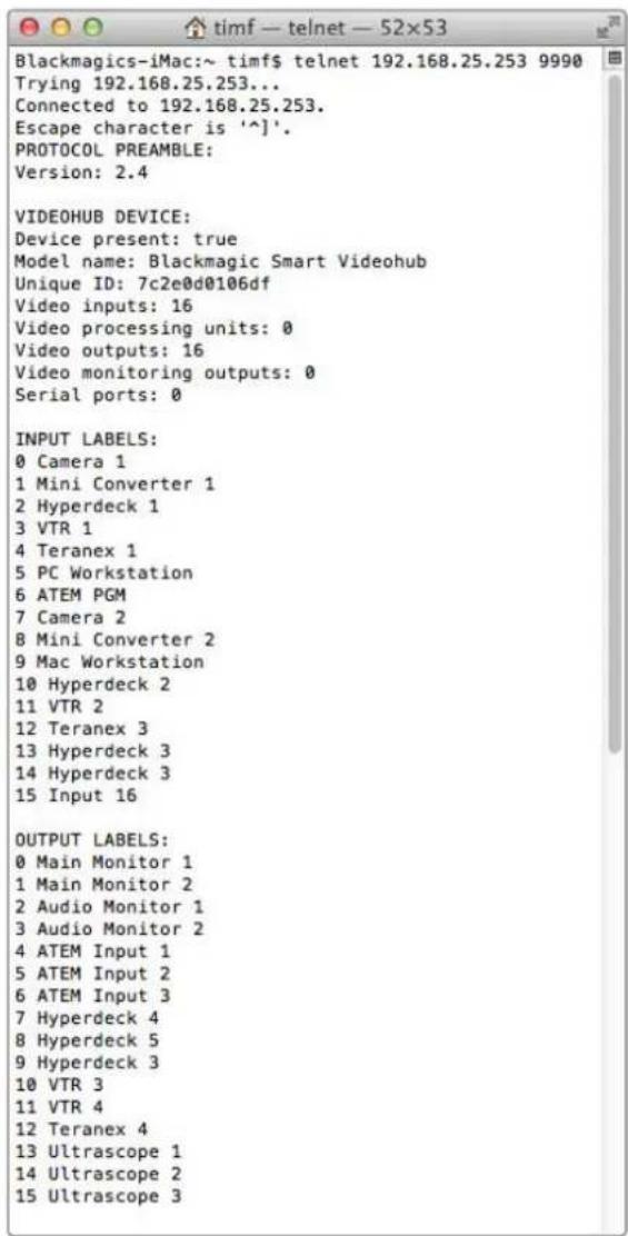 Blackmagic Design Universal Videohub 72 - Saving and Loading Labels with Telnet in Mac OS - 1