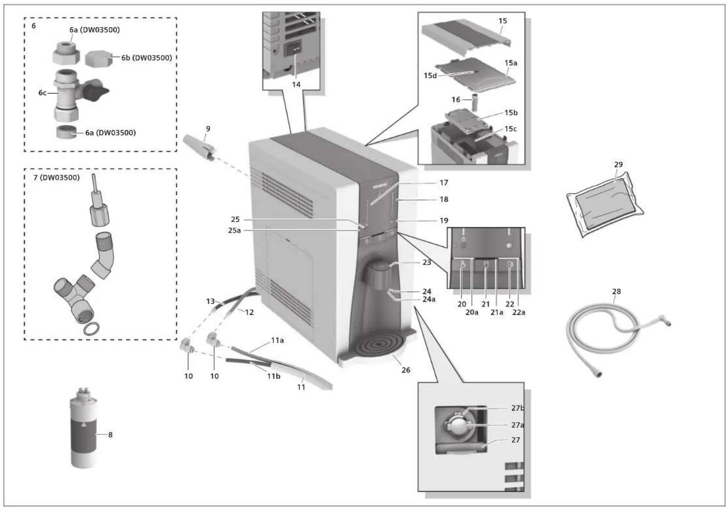 Exploded view diagram of a device with labeled components and part numbers, including connectors, parts, and wiring.