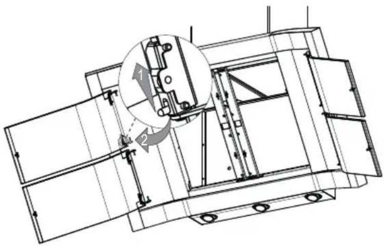 Technical diagram of a mechanical assembly with numbered components and directional arrows indicating motion or assembly.