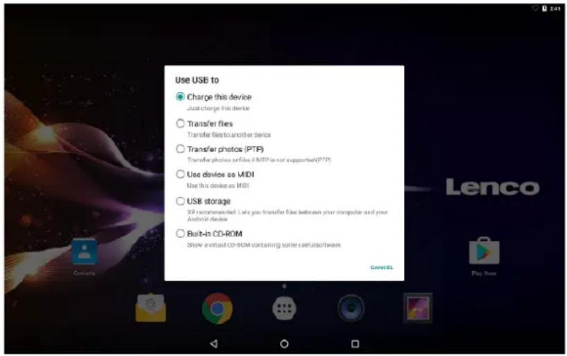 LENCO TDV1000 - Wanneer uw tablet is aangesloten, veeg dan het USB-pictogram naar beneden en raak dan het USB-pictogram aan. - 2