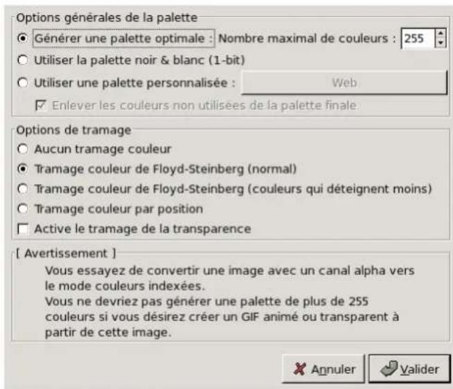 Gimp 2.4 - Lafenétreddialogue"Convertirl'imageencouleursindexées" - 1