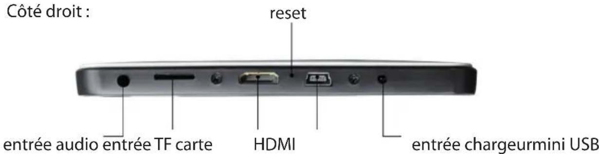 Côté droit : reset entrée audio entrée TF carte HDMI entrée chargeurmini USB