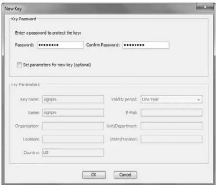 New Key Key Password Enter a password to protect the key: Password: ********* Confirm Password: ********* Set parameters for new key (optional) Key Parameters Key name: signpo Validity period: One Year Name: signpo E-Mail: Organization: Unit/Department: Location: State/Province: Country: US OK Cancel