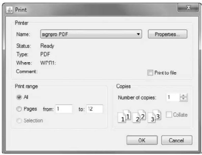 Print Printer Name: signpro PDF Properties... Status: Ready Type: PDF Where: WPR1: Comment: Print to file Print range AI Pages from: 1 to: 12 Selection Copies Number of copies: 1 1 1 2 2 3 3 Collate OK Cancel