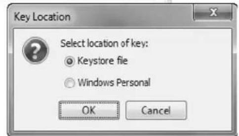 Key Location Select location of key: ● Keystore file ○ Windows Personal OK Cancel