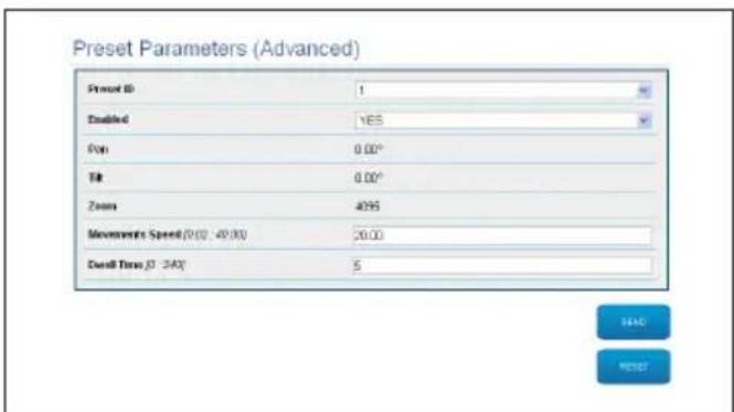 Videotec Ulisse Radical - Preset Parameters page (Advanced) - 1