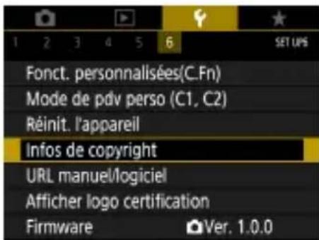 CANON PowerShot SX70 HS - Réglage des informations de copyright à enregistrer sur les images - 1