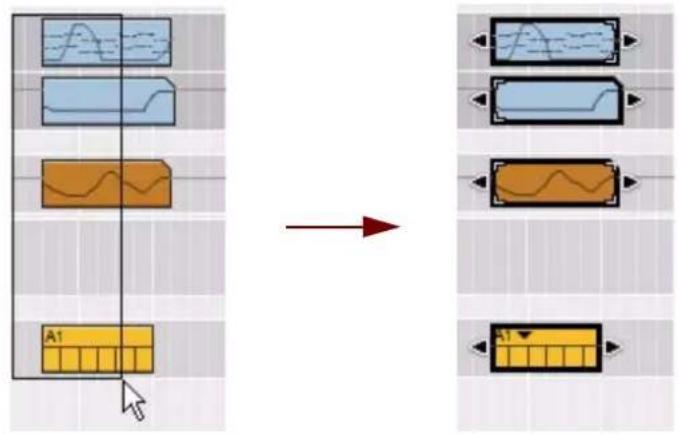 PROPELLERHEAD Reason 5.0 - Dessinez un rectangle de selection à l'aide de l'outil Sélection (flèche) sur l'arrête-plan du panneau Arrangement. - 1