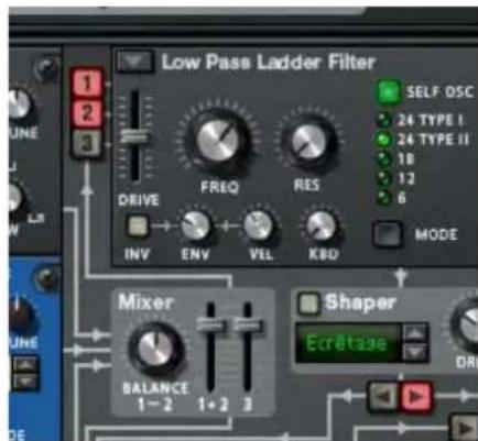 PROPELLERHEAD Reason 5.0 - Cliquez sur la flèche de pop-up dans le coin supérieur gauche de l'emplacement de l'oscillateur 2 et selectionnéz y un second oscillateur à partir du menu pop-up. - 3