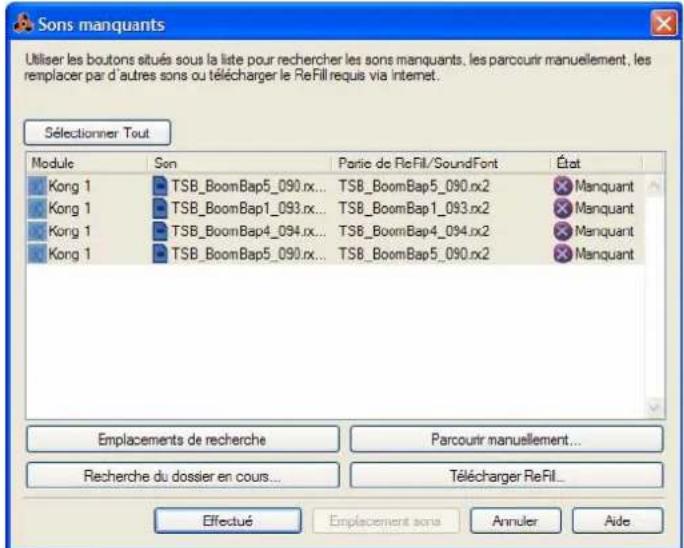 PROPELLERHEAD Reason 5.0 - La boîte de dialogue Sons manquants - 1